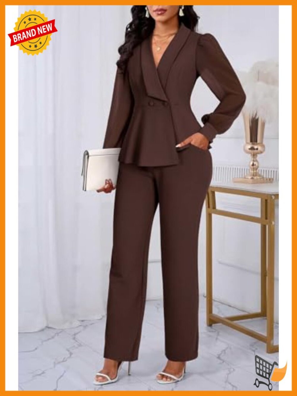 Mesh Sheer Sleeve Ruffle Blazer Wide Leg Pants Pantsuit Set 2 Piece - Picture 2 of 5